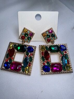 2.5” Gold Multicolor Gem Square Drop Earrings